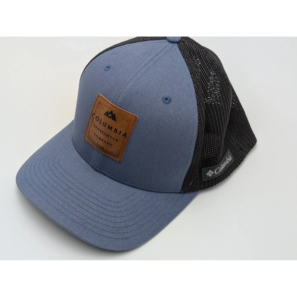 Columbia Trucker Hat Mens Blue PFG Mesh Cap Flexfit Leather Patch Outdoor Hat